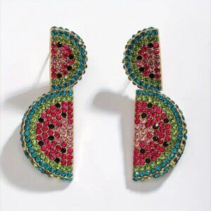 Pink and Green Watermelon Rhinestone Drop Earrings NEW